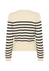 Pull crème avec des rayures horizontales bleu marine, poignets et ourlet côtelés, col rond et épaules bouffantes, en tricot avec une texture lisse.