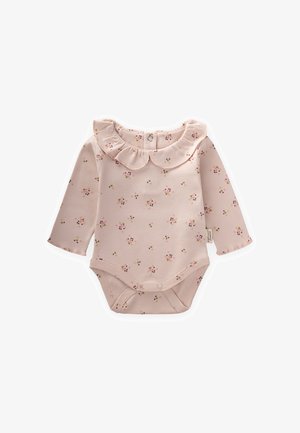Bodysuit à manches longues pour bébé en coton rose doux, avec un col à volants et un imprimé floral dans des teintes violettes, jaunes et oranges. Fermeture à pression au bas.