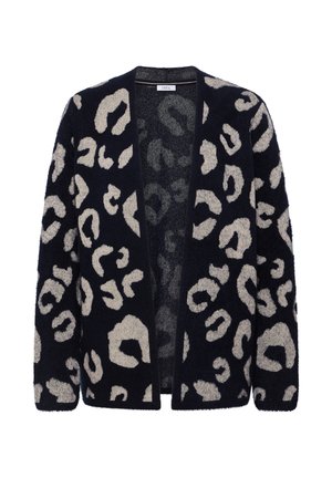 Marineblå cardigan med leopardprint i cremet beige. Lange ærmer, åben front, blødt, tekstureret stof, ikke tætsiddende, mellemlang design.