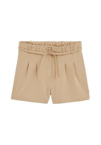 beige skräddarsydda shorts med en samlad midja, framtida veck, en enkel knappstängning och ett avtagbart bälte. Slät tygtextur.
