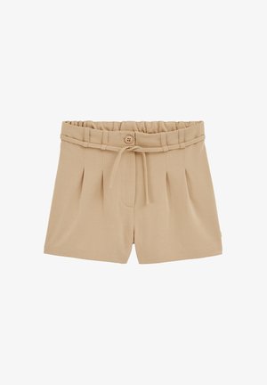 Béžové zakázkové šortky s nařaseným pasem, předními sklady, jedním knoflíkem na zavírání a odnímatelným páskem. Hladká textilie.