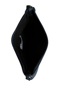 Modrý látkový psaníčko se zipovým zavíráním, má hladký povrch a černý vnitřek. Uvnitř je štítek a kroužkový úchyt.