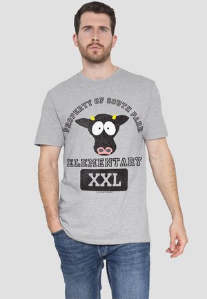 Gray cotton t-shirt featuring a cartoon cow graphic with yellow horns, "PROPERTY OF SOUTH PARK ELEMENTARY" text, and "XXL" label.