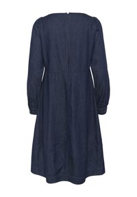 Denim jurk, donkerblauw, lange mouwen met geplooide manchetten, A-lijn vorm, knoopaccenten bij de manchetten en een ritssluiting aan de achterkant.