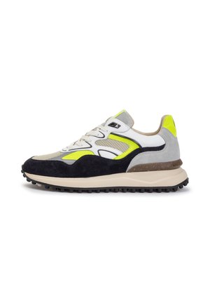 Sneaker featuring grey, black, and white suede and mesh materials, with neon yellow accents, textured rubber sole, and lace-up closure.