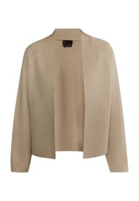 Beige gebreide cardigan met open voorkant, lange mouwen en een zachte textuur. Naadloze schouders en een minimalistisch design zonder zichtbare hardware.