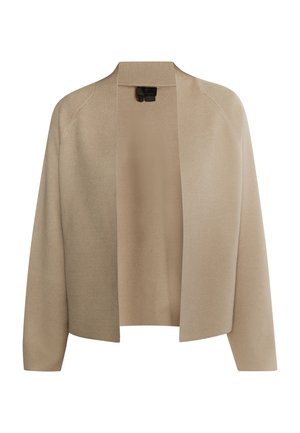 Beige pletený cardigan s otevřeným předním dílem, dlouhými rukávy a měkkou texturou. Bezšvové ramena a minimalistický design bez viditelného kovového příslušenství.