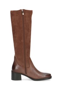 Braune kniehohe Stiefel mit einer glatten Lederzehe und -ferse, strukturiertem Wildlederschaft, seitlichem Reißverschluss und Blockabsatzdesign.