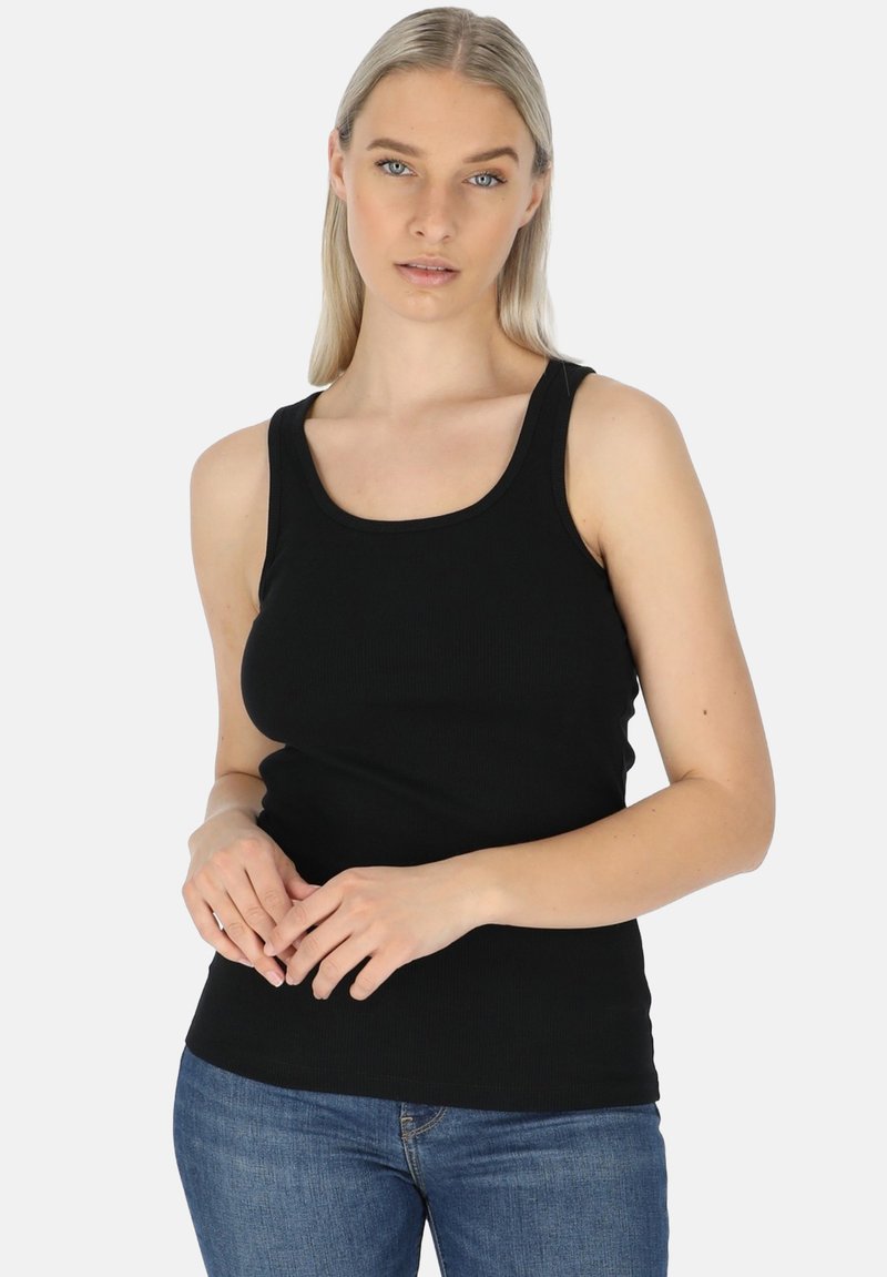 Canotta nera a coste con scollatura a girocollo, dotata di spalline larghe e vestibilità slim. Abbinata a jeans in denim blu.
