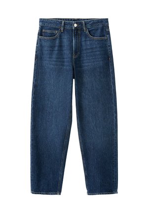 Vaqueros de mezclilla azul oscuro con pierna recta, botón y cremallera frontal, dos bolsillos delanteros y un pequeño bolsillo para monedas.