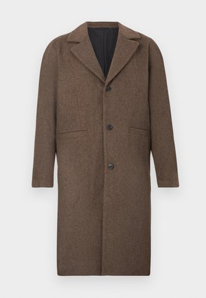 Smeđi kaput od mješavine vune s reverom, tri gumba sprijeda, dva bočna džepa i opuštenog kroja, s glatkom unutarnjom podstavom.