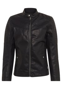 Czarna skórzana kurtka z zamkiem błyskawicznym, stójką i pikowanymi akcentami na ramionach. Posiada boczne kieszenie i gładką fakturę.