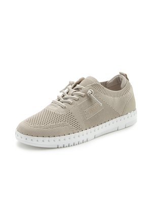 Beige knitted sneaker with white rubber sole, lace-up front, and textured pattern for casual wear.