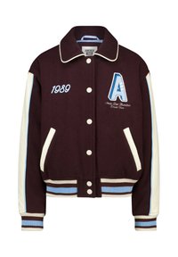 Maroon varsity jacket with white sleeves, ribbed cuffs, and hem. Features embroidered “A” logo, year "1989," and striped accents in light blue.