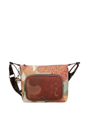 Borsa a tracolla con tracolla marrone regolabile, tasca frontale con zip marrone rossiccio e motivo astratto multicolore nelle tonalità beige, verde e arancione.