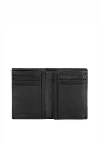 Czarny skórzany portfel z wieloma miejscami na karty, gładka faktura i prosta forma. Posiada wytłoczoną etykietę "PRAWDZIWA SKÓRA".