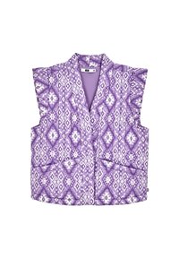Lila mönstrad ärmlös väst med en texturerad tyg, med V-ringning, två framfickor och volanger på axlarna.