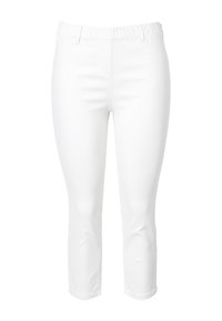 Pantalones blancos de longitud hasta la rodilla, hechos de denim elástico. Cuentan con una cinturilla elástica y un ajuste entallado con un detalle mínimo.
