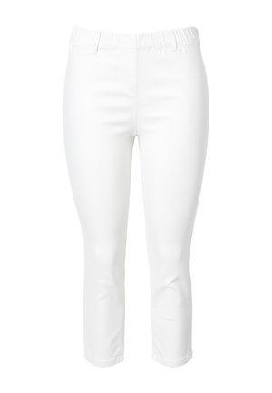 Valkeat, polvipituiset housut joustavasta denimsidoksesta. Varustettu joustavalla vyötärönauhalla ja istuvalla leikkauksella, jossa on minimaalista yksityiskohtaisuutta.