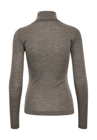 Šedý long-sleeve top s vysokým krkem, hladkou texturou, přiléhavým střihem a minimálními švy, v jednobarevném, tlumeném tónu.