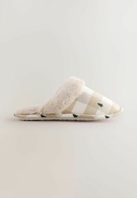 Beige and white checkered slipper with small green tree patterns and plush fur lining, shown in side profile on neutral background.