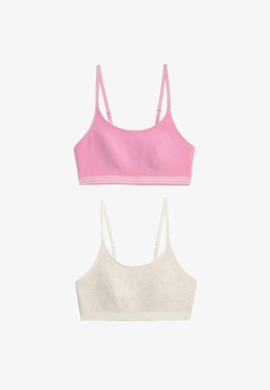 Two bralettes: one pink with white striped band, and one light gray with a textured finish. Both have adjustable thin straps.