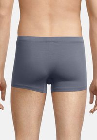 Boxer shorts in cotone grigio con una vestibilità attillata e cuciture minime, visti da dietro, che mettono in risalto una texture liscia e un design semplice.
