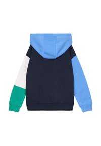 Hooded sweatshirt with a navy body, light blue hood, and multi-colored sleeves in white, light blue, and green. Soft fabric, casual design.