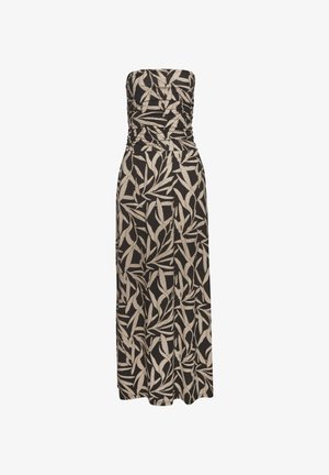 Vestido maxi sin tirantes en tejido negro con patrón de hojas beige. Presenta fruncidos en el busto y una silueta fluida. Textura suave y caída ligera.