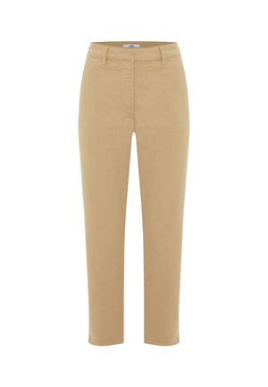 Pantalons beiges ajustés, avec une taille plate, poches et couture subtile. Fabriqués en un doux mélange de coton.