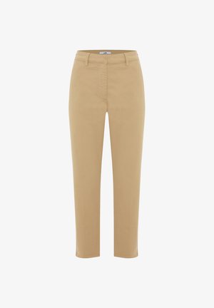 Beżowe spodnie o slim fit, z płaskim przodem, kieszeniami i subtelnym przeszyciem. Wykonane z miękkiej tkaniny bawełnianej.