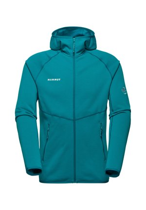 Teal Mammut zip-up hoodie, zacht materiaal, hoge kraag, twee zijzakken met rits, platte naden en logo op de linkerkant van de borst. Volledige mouwen.