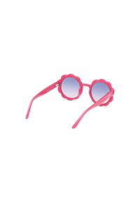 Růžové sluneční brýle s rámem ve tvaru květiny, gradientovými skly a štíhlými stranami. Vyrobeny z plastu s hladkým povrchem.