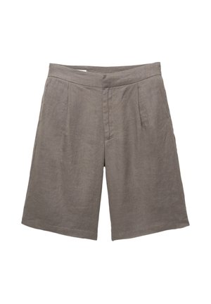 Gray linen shorts with a relaxed fit, featuring a flat front, two front pleats, and side pockets. Smooth texture with no visible patterns.
