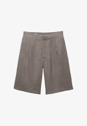 Graue Leinen-Shorts mit lässiger Passform, flachem Bund, zwei vorderen Falten und seitlichen Taschen. Glatte Textur ohne sichtbare Muster.