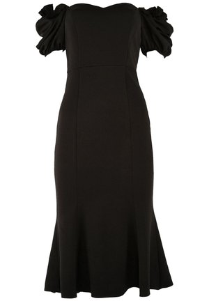 Schwarzes Midikleid mit schulterfreiem, gerafftem Puffärmel, figurbetontem Oberteil und ausgestelltem Saum.