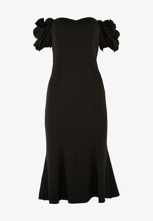 Schwarzes Midikleid mit schulterfreiem, gerafftem Puffärmel, figurbetontem Oberteil und ausgestelltem Saum.