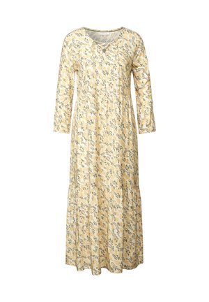 Blumiges Maxikleid mit langen Ärmeln, rundem Ausschnitt und Schnürdetail. Aus leichtem Stoff in Gelb mit grünen und lila Mustern gefertigt.