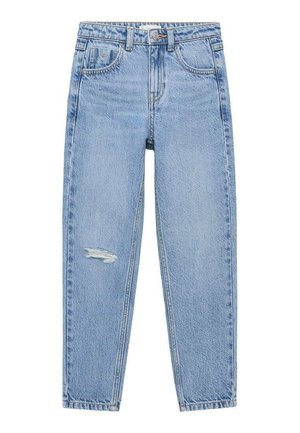 Jeans en denim bleu clair à coupe décontractée, taille haute, cinq poches et un détail déchiré au genou droit.