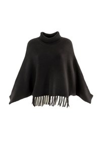 Poncho noir à côtes avec un col montant et un ourlet frangé. Le tissu a une texture lisse et présente un design ample et surdimensionné.