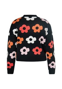 Pulover negru cu un model floral colorat în roșu, roz și alb. Are mâneci lungi și un design cropped, cu manșete strâmte.