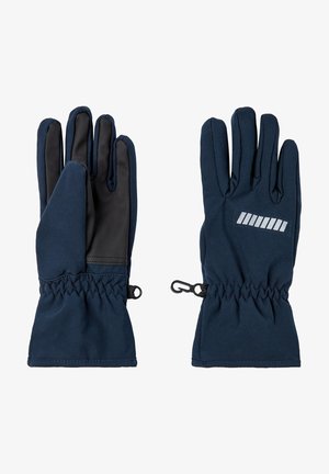 Temno modre rokavice z mehkimi tkalskimi zunanjostmi in teksturiranim črnim dlanom. Prilagodljiv zapestni trak z odsevnimi accentnimi črtami na vrhu.