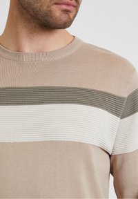 Beige pullover with textured stripes in dark olive green and white. Round neck, ribbed cuffs, and smooth fabric. Tailored fit, no visible logos.