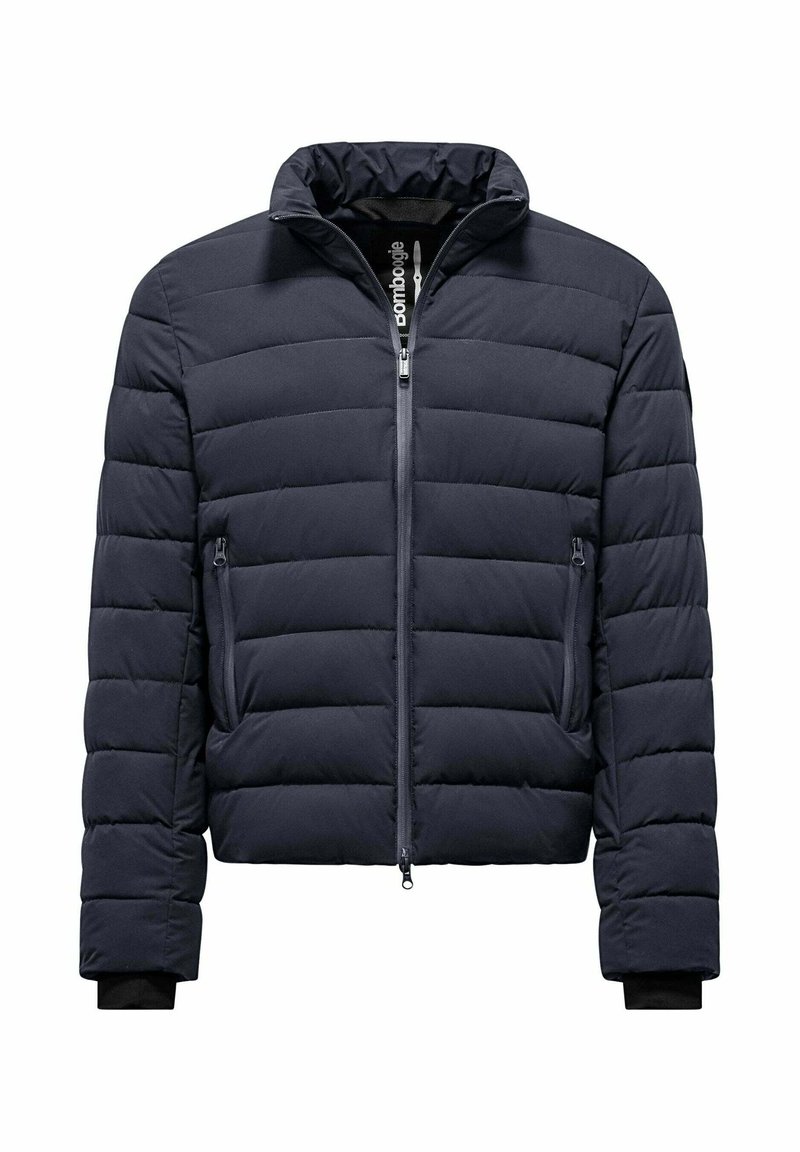 Giubbotto imbottito blu navy con design trapuntato. Dotato di colletto alto, zip frontale e due tasche laterali con zip. Tessuto morbido e testurizzato.