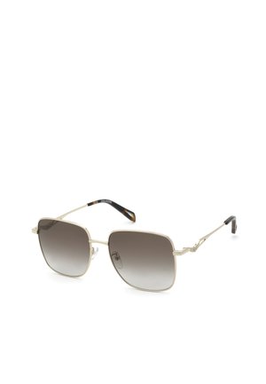 Lunettes de soleil de forme carrée avec fines montures en métal doré et verres gris dégradés sur fond blanc.
