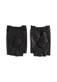 Black leather fingerless gloves with elastic cuffs, featuring a smooth texture and cut-off fingertips for breathability and grip.