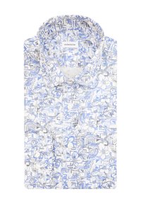 Witte shirt met een bloemenpatroon in blauw en grijs. Heeft een puntige kraag, knoopsluiting aan de voorkant en een gestructureerde stof. Merklabel zichtbaar.
