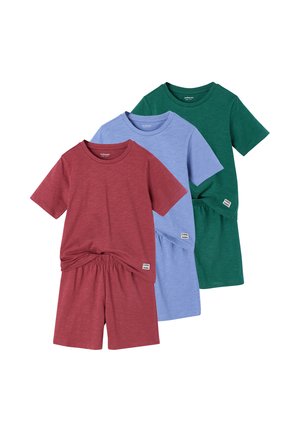 Three short-sleeve T-shirt and shorts sets in red, blue, and green, each with a small "Cool Kids" label on the shorts.