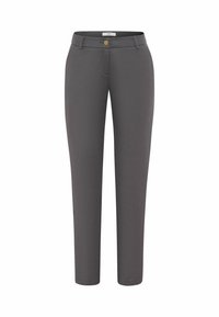 Pantaloni grigi a sigaretta realizzati in tessuto liscio. Presentano una chiusura frontale con bottone e tasche oblique. Nessun motivo o decorazione visibile.