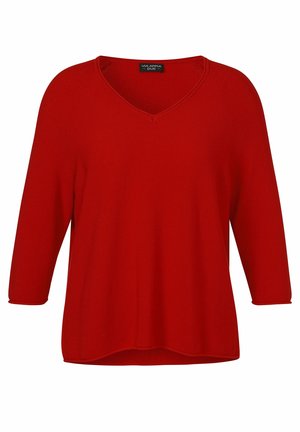 Red knit sweater with 3/4 sleeves, V-neckline, and relaxed fit, labeled "VIA APPIA DUE."